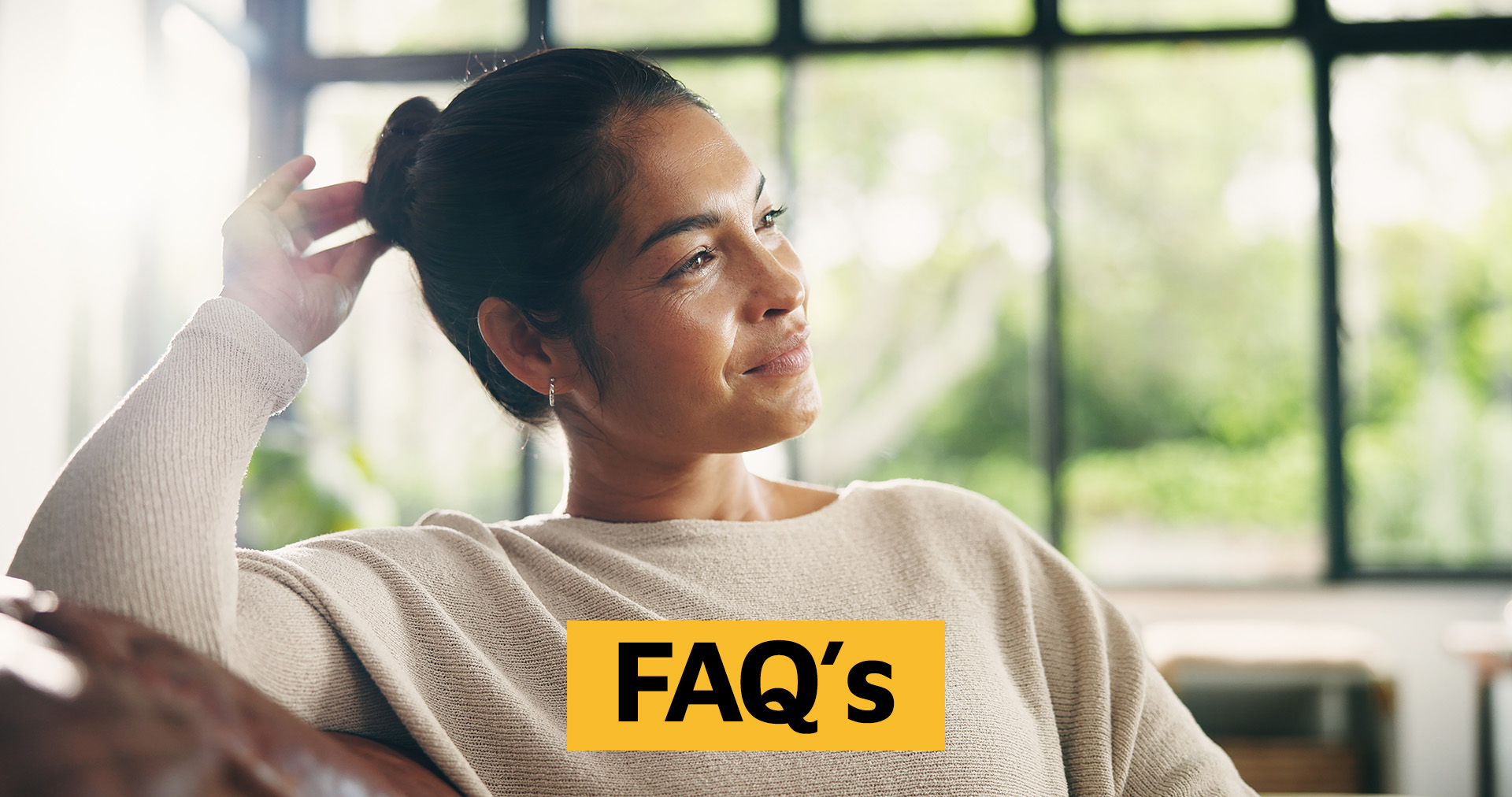 Couch, thinking and woman in home with smile for inspiration, break or resting in lounge. Daydreaming, calm and mature person in living room for reflection, relax and contemplating on sofa in house.